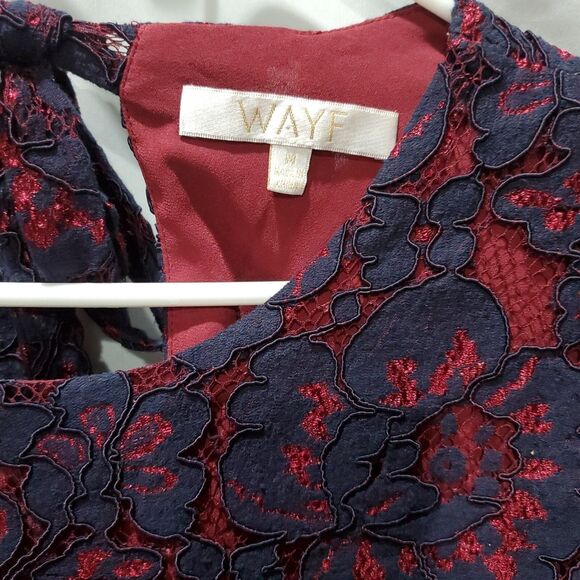 Wayf Navy Burgundy Merrick Lace Dress, Tie Back Bell Sleeve Medium - Picture 8 of 8
